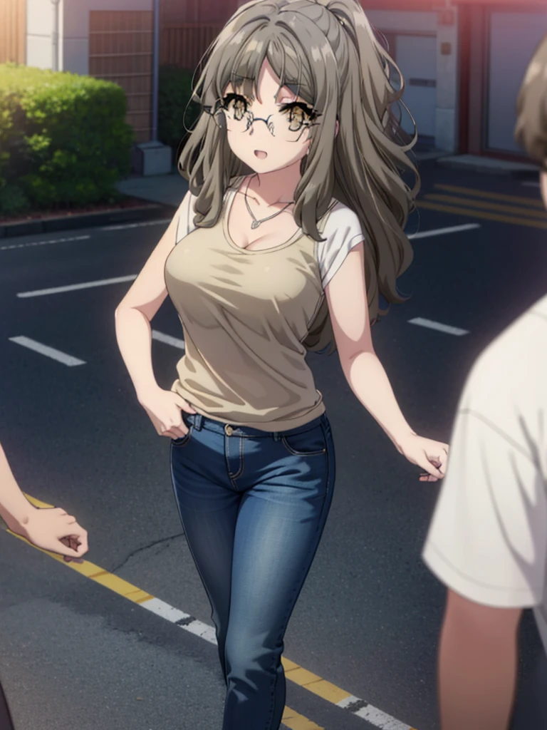 Riofutaba, Rio Futaba, Long Hair, Brown Hair, (Brown eyes:1.5), Glasses,Big Breasts,smile,Open your mouth,Red Tank Top,Heart Necklace,Short sleeve,skinny pants,Stiletto heels,Business Back,Walking,morning,morning陽,The sun is rising,whole bodyがイラストに入るように,
break outdoors, Building district,
break looking at viewer, whole body,
break (masterpiece:1.2), Highest quality, High resolution, unity 8k wallpaper, (figure:0.8), (Beautiful attention to detail:1.6), Highly detailed face, Perfect lighting, Highly detailed CG, (Perfect hands, Perfect Anatomy),