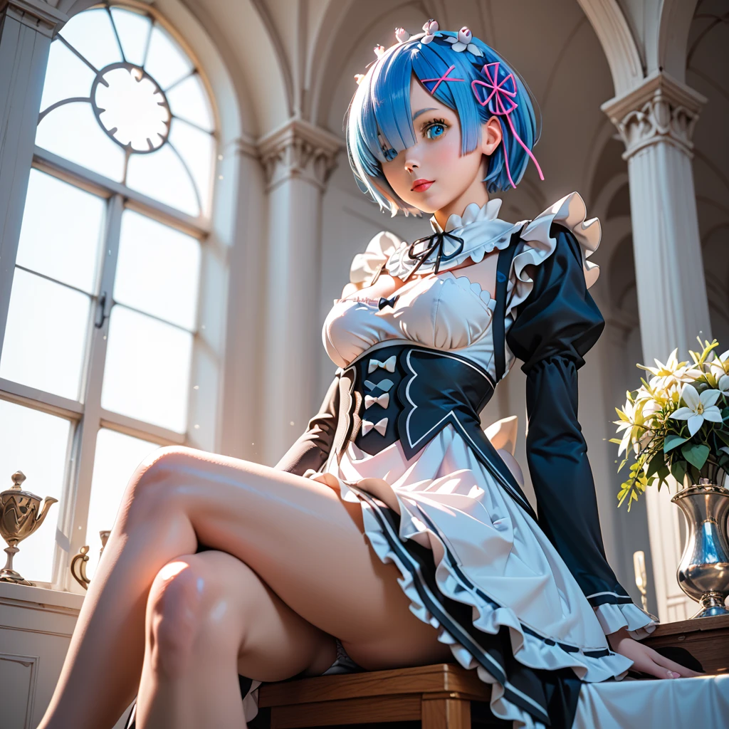 score_9, score_8_up, score_7_up, rem_\(re:zero\)
blue_eyes,hair_over_one_eye,short_hair,blue_hair,hair_ribbon,roswaal_mansion_maid_uniform, 1girl, solo, sitting, crossed legs, from below
Masterpiece, best quality, detailed eyes, perfect face, award winning, hyper-realistic