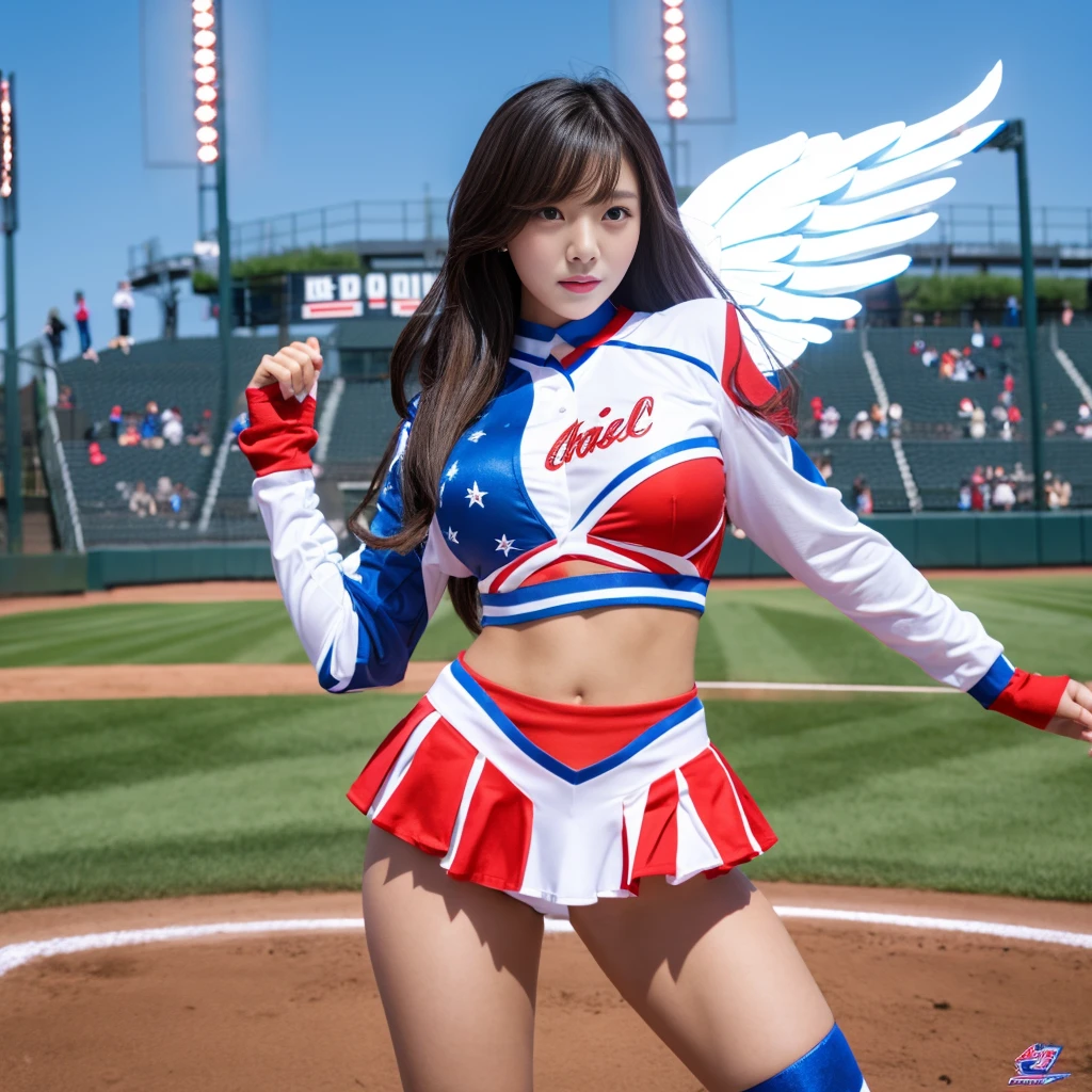 A Korean woman in a cheerleader outfit standing in front of a baseball field, Large Breasts,Tron Angel, Angel themed, TWICE&#39;s Tzuyu, wide angel shot, As seen in ArtGerm, Ilya Kuvshinov and Artgerm, Young One Angel, Beautiful angle, 8k art germany bokeh, Wearing an angel halo, Lovely lady