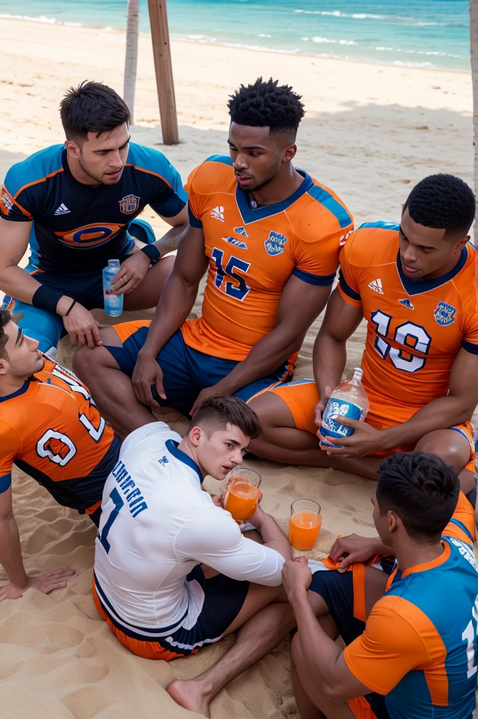 Players in orange and blue football shirts drinking on the beach