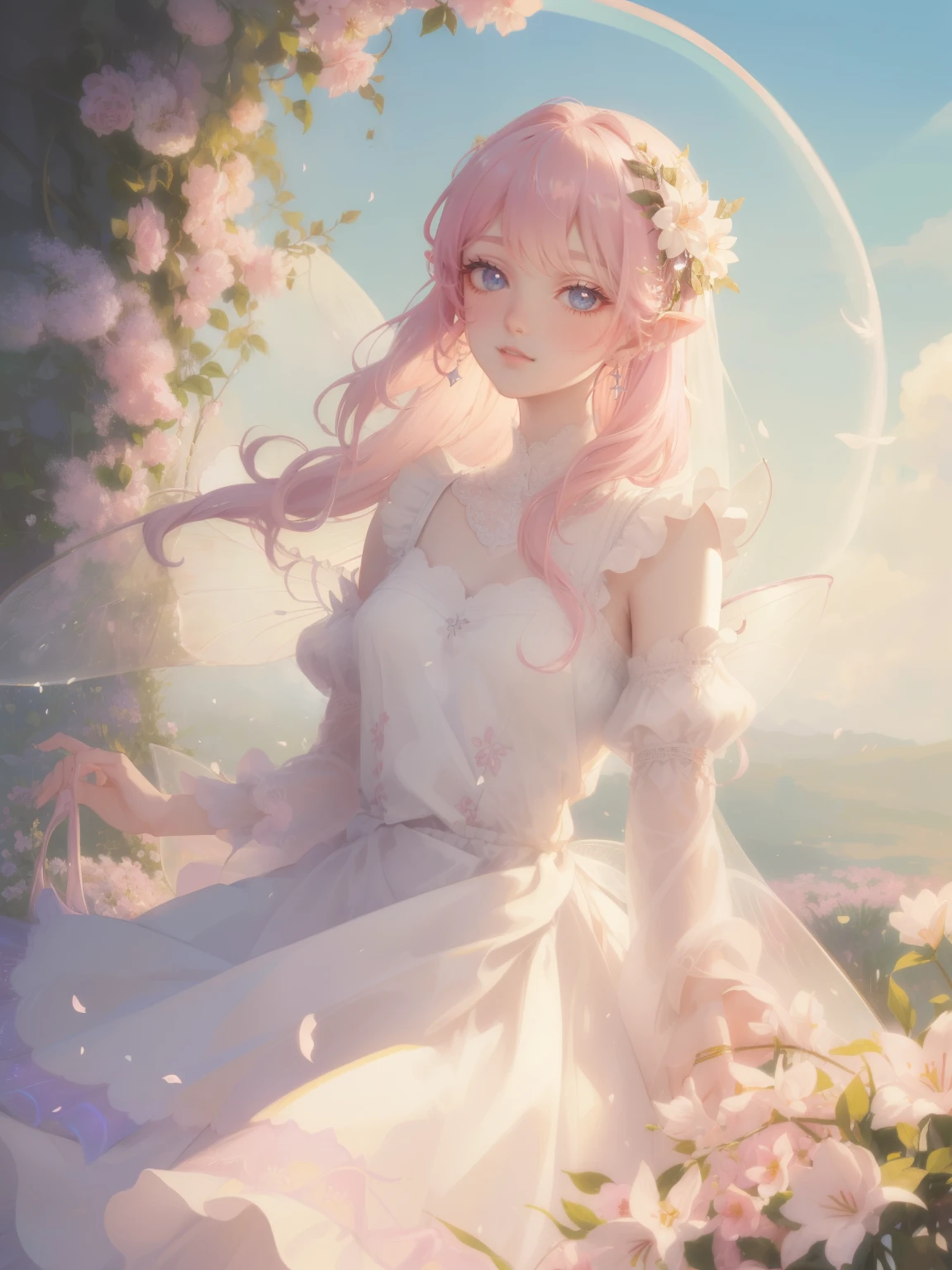 (highest quality, masterpiece, Super detailed, very detailed, exquisite, 16K,Full HD), A full-body illustration of a beautiful 20-year-old woman with light pink, straight long hair styled with swept bangs. She has blue eyes and is 167 cm tall. She is dressed in a white-based dress with black lace at the hem and a pink ribbon, 15 cm above the knee. She has a large pink ribbon at her chest. White lilies decorate her hair. The scene is depicted in a highly detailed Pixiv art style with delicate line work and soft shading. The background is slightly dark and enigmatic, with subtle lighting that highlights her delicate features. Her expression is calm and slightly enigmatic, with a hint of a smile. The overall atmosphere is mysterious and polished, reminiscent of high-quality anime illustrations.
A little closer,dramatic lighting,pastel colour,smile,(looks fun)grab the hem of the dress,(sun light,grassland,clear sky),(floating in the air),soft lighting, ((alone:1.5)),(clear sky,blue sky,rainbow,sun,morning sky,sunny),gentle wind,magical forest,flower,wood,Flower Field,Leaves and petals fluttering,From above,((head shot)),Flowers filling the screen,(fairy:1.2, purple eyes, long eyelashes,white skin,slim,pale pink plump lips,pale pink cheeks, The wind is blowing,(medium hair,wavy hair,bionde),thin and long,(thin and high nose,small nose),(From above her waist, a giant fairy wing:1.5),Reflected by the sun's light,The magic of the sun,flower tiara,diamond earrings,Diamond Choker,(waist is narrow,fluffy white ball gown dress, lace and frills),(smile:1.2), (fantasy, romantic atmosphere),