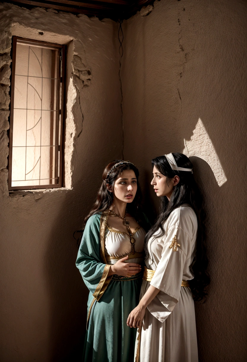 two Israeli women talking in a house, with costumes from the time of Jesus.