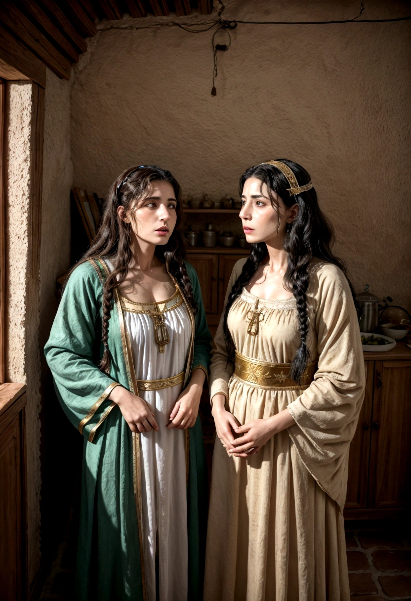 two Israeli women talking in a house, with costumes from the time of Jesus.