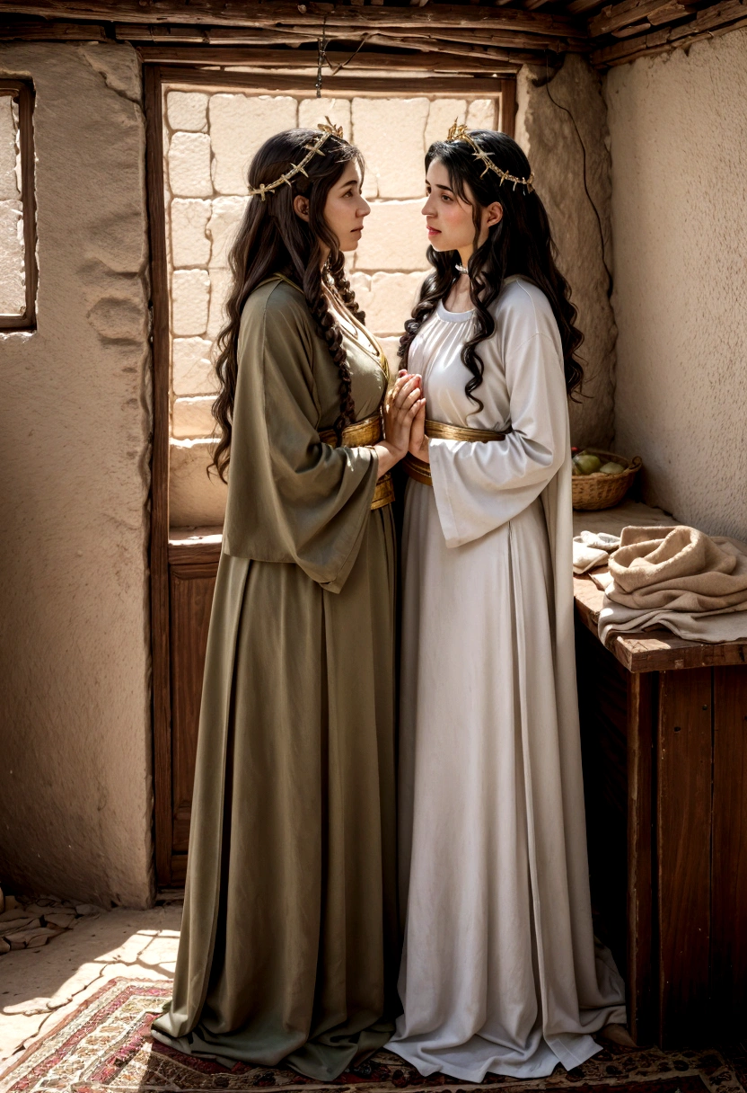 two Israeli women talking in a house, with costumes from the time of Jesus.