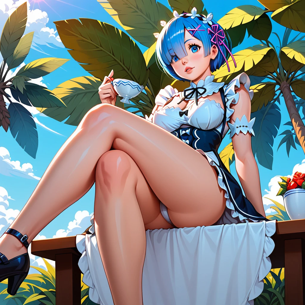 score_9, score_8_up, score_7_up, rem_\(re:zero\)
blue_eyes,hair_over_one_eye,short_hair,blue_hair,hair_ribbon,roswaal_mansion_maid_uniform, 1girl, solo, sitting, crossed legs, from below
Masterpiece, best quality, detailed eyes, perfect face, award winning, hyper-realistic
