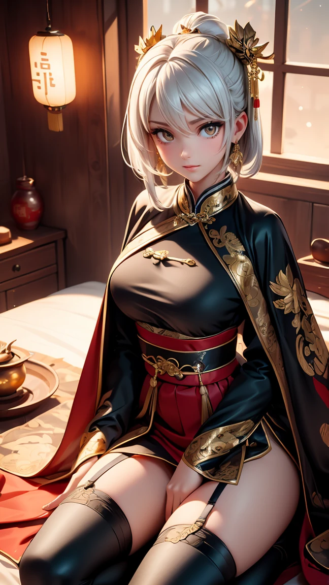 A very beautiful 19 year old woman, ((white  hair: 0,8)), bob haircut, shorth hair, ((yellow  eyes:1,2)) ((Glowing gold Eyes,)) red nails, young and beautiful face, brawny, slim body, but well proportioned, perfect white skin, high detailed drawing, lifelike face. (((Wearing traditional Chinese imperial clothing, black with gold decorations:0,8))) ((black clothes with gold details:0,3)) ((black cloak with golden decorations:0,3)) ((black dress with gold details,)) (((red skirt with gold details:1,2))) ((with red Hanafuda earrings:0,8)) ((black garter belt with thigh high stockings:0,3)) Kneeling on a white bed in an ancient Chinese room, with full moon and stars visible through the window at night, with flashes of light reflecting off your body. 4k anime art, perfect lighting.