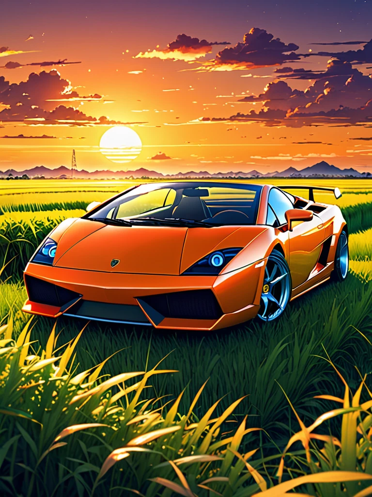 anime landscape of a super orange pearl classic Lamborghini Gallardo sport sitting in a field of tall grass with a sunset in the background.cute anime dinner, cute anime peace dinner, makoto shinkai cyril rolando, cute anime dinner, amazing wallpaper, 8K anime art wallpaper, anime background, artistic anime background, anime wallpaper 4k, 4k anime art wallpaper, Arte de anime wallpaper 4k,