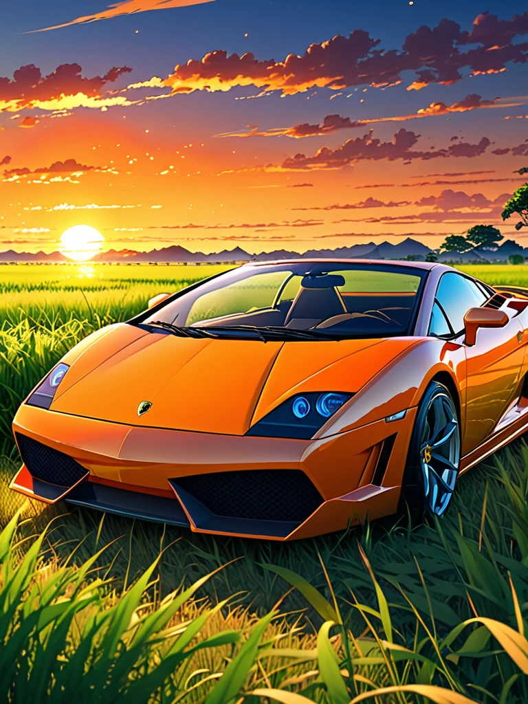 anime landscape of a super orange pearl classic Lamborghini Gallardo sport sitting in a field of tall grass with a sunset in the background.cute anime dinner, cute anime peace dinner, makoto shinkai cyril rolando, cute anime dinner, amazing wallpaper, 8K anime art wallpaper, anime background, artistic anime background, anime wallpaper 4k, 4k anime art wallpaper, Arte de anime wallpaper 4k,