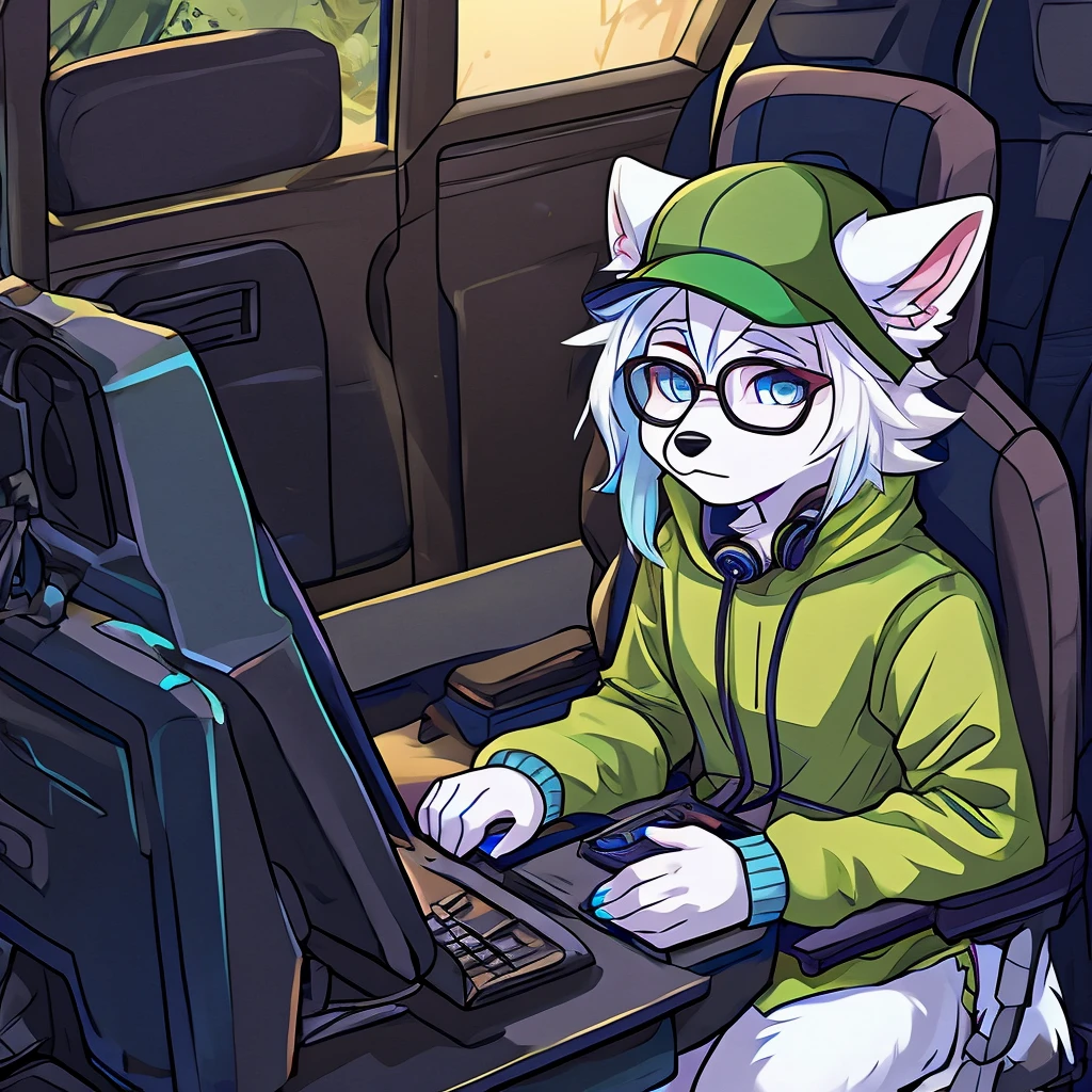 arctic fox, mascle, yellow jacket, moss green cap, wearing glasses, sitting on an economical chair, using gaming headphones, fluffly, white hair with light blue tips