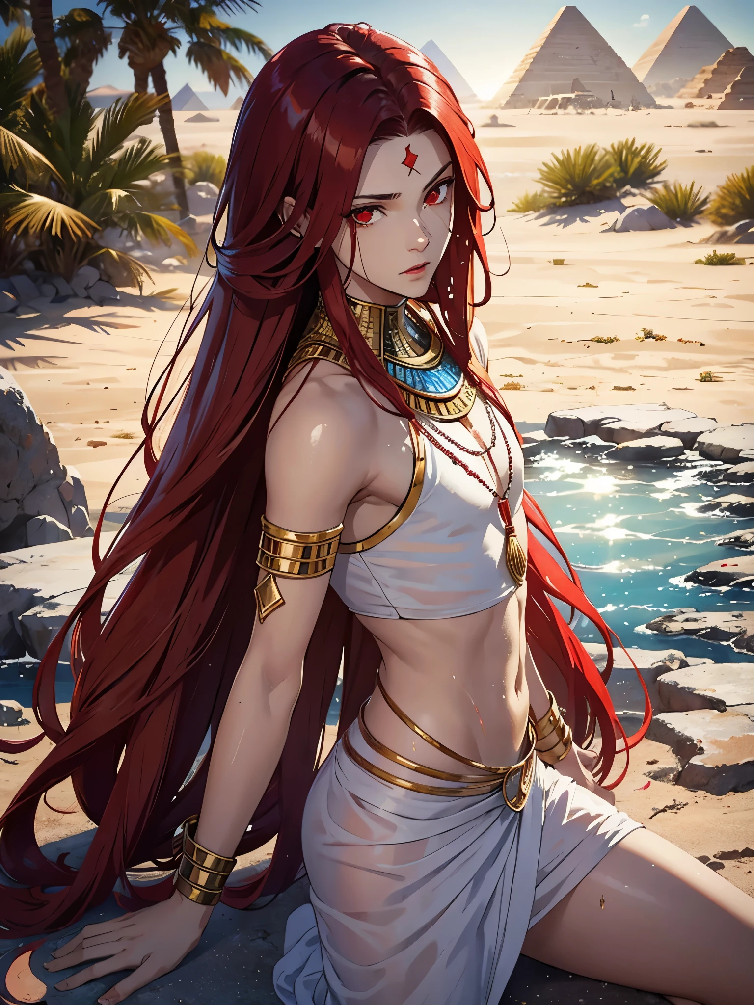 Egyptian God Seth. long red hair, White clothing, Egyptian clothing, silver jewelry. light skin. red eye. erotic. Hot. one person. A young feminine man. Desert. aquatic. wet. humid. 