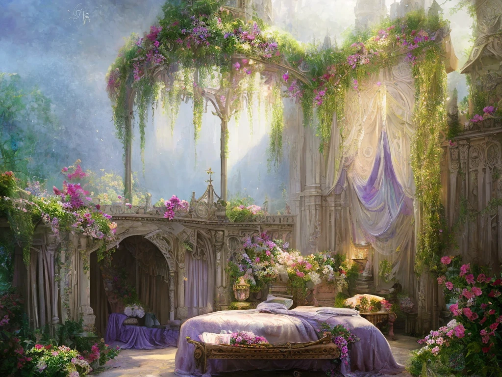 Castle bedroom with luxurious canopy bed and lots of flowers, intricate design, fine details, high chaos, soft sunlight, dreamy pastel colors, fairytale atmosphere, Johan Grenier style, Alyssa Monks style