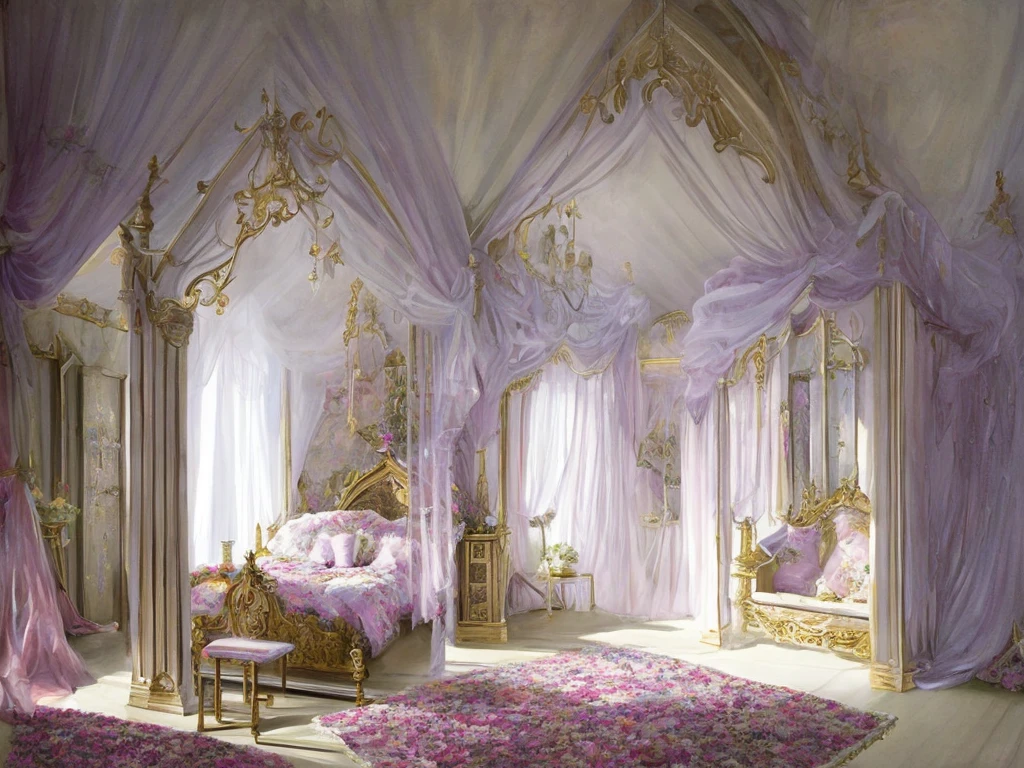 Castle bedroom with luxurious canopy bed and lots of flowers, intricate design, fine details, high chaos, soft sunlight, dreamy pastel colors, fairytale atmosphere, Johan Grenier style, Alyssa Monks style