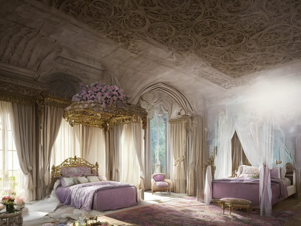Castle bedroom with luxurious canopy bed and lots of flowers, intricate design, fine details, high chaos, soft sunlight, dreamy pastel colors, fairytale atmosphere, Johan Grenier style, Alyssa Monks style