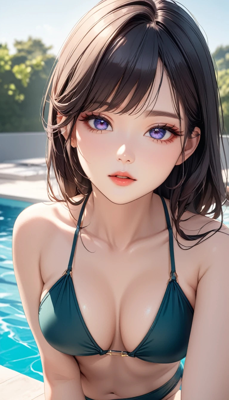 masterpiece, high resolution, beautiful woman, Korean Beauty, 30 years old, sexy swimsuit, beautiful woman, pool, looking at me, (high resolution face), (high resolution eyes), (high quality eyes)