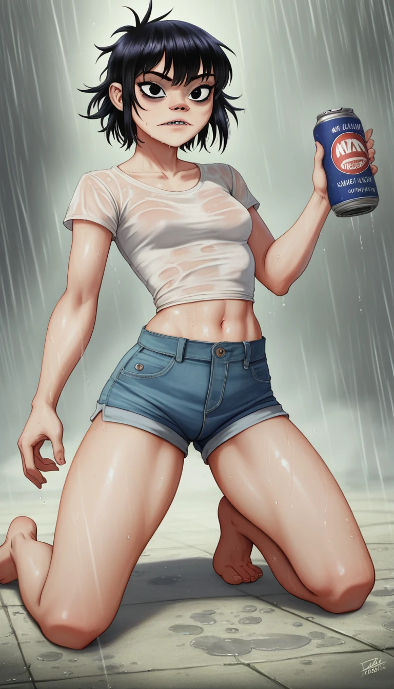 (masterpiece, best quality:1.2),  noodle (gorillaz), full-body shot ,black hair, 1girl, streaked hair, black eyes, multicolored hair, bangs, parted lips, breasts, small breasts, bob cut, White background, white unbuttoned crop-top, short shorts, barefoot, masterpiece, best quality, absurdres, highres, 4k, ray tracing, perfect face, perfect eyes, intricate details, highly detailed, (best quality:1.33), (masterpiece:1.42),(semi realistic:1.3), (detailed:1.15),(skin details), Dappled Light, analog style (look at viewer), (skin texture), (realistic texture skin), cinematic light, side lighting, ultra high res, best shadow, RAW, (Dutch angle:1.1), lightroom, cinematic, hdr, raw, (intricate:1.4), high quality, soothing tones, intricate details, low contrast, extremely high quality RAW photograph, detailed background, intricate, Exquisite details and textures, highly detailed, ultra detailed photograph, warm lighting, 4k, sharp focus, high resolution, detailed skin, detailed eyes, 8k uhd, dslr, high quality, film grain, Fujifilm XT3, 
 Rainy Day: The diffused light and wet surfaces on a rainy day can create a moody and atmospheric environment, perfect for capturing reflections and street photography.,