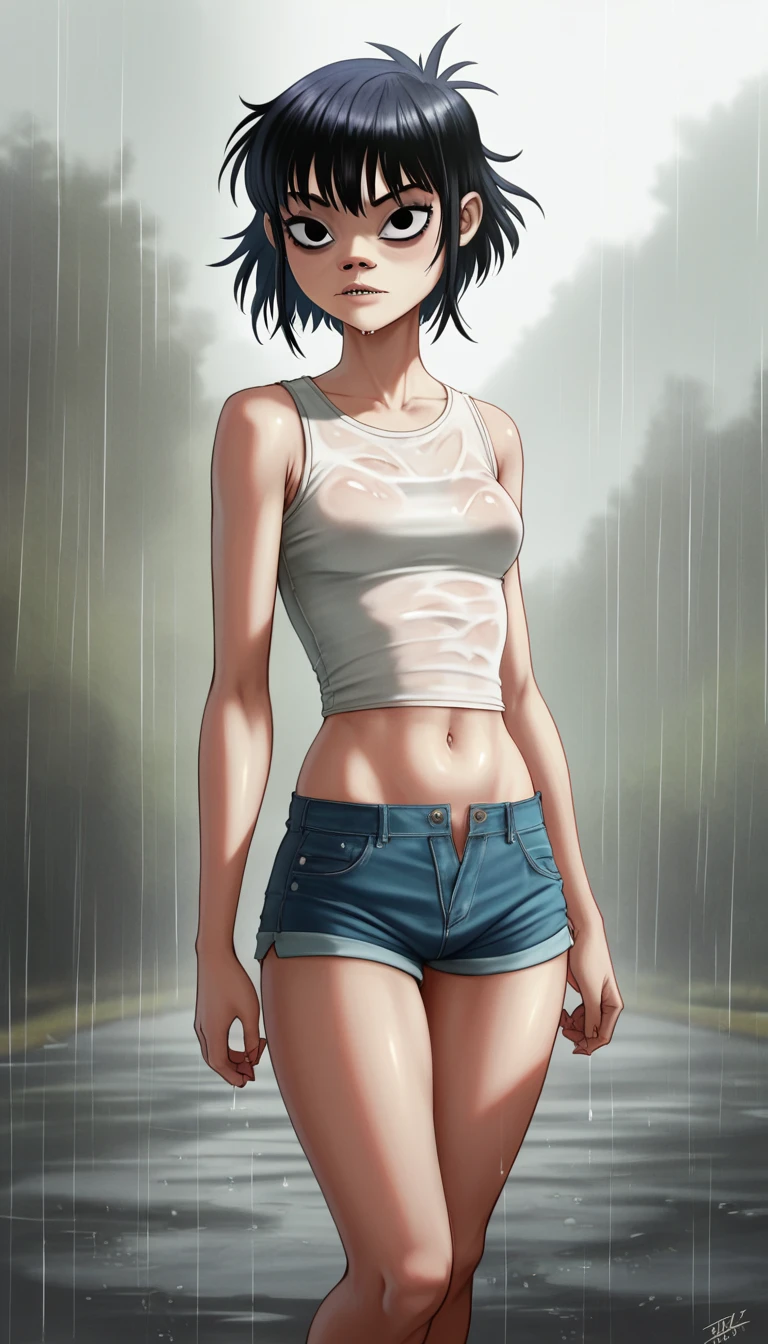 (masterpiece, best quality:1.2),  noodle (gorillaz), full-body shot ,black hair, 1girl, streaked hair, black eyes, multicolored hair, bangs, parted lips, breasts, small breasts, bob cut, White background, ((white unbuttoned crop-top, unbuttoned short shorts, barefoot)), masterpiece, best quality, absurdres, highres, 4k, ray tracing, perfect face, perfect eyes, intricate details, highly detailed, (best quality:1.33), (masterpiece:1.42),(semi realistic:1.3), (detailed:1.15),(skin details), Dappled Light, analog style (look at viewer), (skin texture), (realistic texture skin), cinematic light, side lighting, ultra high res, best shadow, RAW, (Dutch angle:1.1), lightroom, cinematic, hdr, raw, (intricate:1.4), high quality, soothing tones, intricate details, low contrast, extremely high quality RAW photograph, detailed background, intricate, Exquisite details and textures, highly detailed, ultra detailed photograph, warm lighting, 4k, sharp focus, high resolution, detailed skin, detailed eyes, 8k uhd, dslr, high quality, film grain, Fujifilm XT3, 
 Rainy Day: The diffused light and wet surfaces on a rainy day can create a moody and atmospheric environment, perfect for capturing reflections and street photography.,