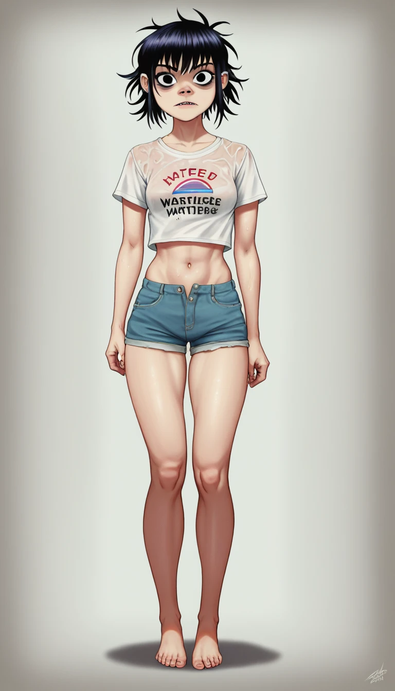 (masterpiece, best quality:1.2),  noodle (gorillaz), full-body shot ,black hair, 1girl, streaked hair, black eyes, multicolored hair, bangs, parted lips, breasts, small breasts, bob cut, White background, white unbuttoned crop-top, short shorts, barefoot, masterpiece, best quality, absurdres, highres, 4k, ray tracing, perfect face, perfect eyes, intricate details, highly detailed, (best quality:1.33), (masterpiece:1.42),(semi realistic:1.3), (detailed:1.15),(skin details), Dappled Light, analog style (look at viewer), (skin texture), (realistic texture skin), cinematic light, side lighting, ultra high res, best shadow, RAW, (Dutch angle:1.1), lightroom, cinematic, hdr, raw, (intricate:1.4), high quality, soothing tones, intricate details, low contrast, extremely high quality RAW photograph, detailed background, intricate, Exquisite details and textures, highly detailed, ultra detailed photograph, warm lighting, 4k, sharp focus, high resolution, detailed skin, detailed eyes, 8k uhd, dslr, high quality, film grain, Fujifilm XT3, 
 Rainy Day: The diffused light and wet surfaces on a rainy day can create a moody and atmospheric environment, perfect for capturing reflections and street photography.,