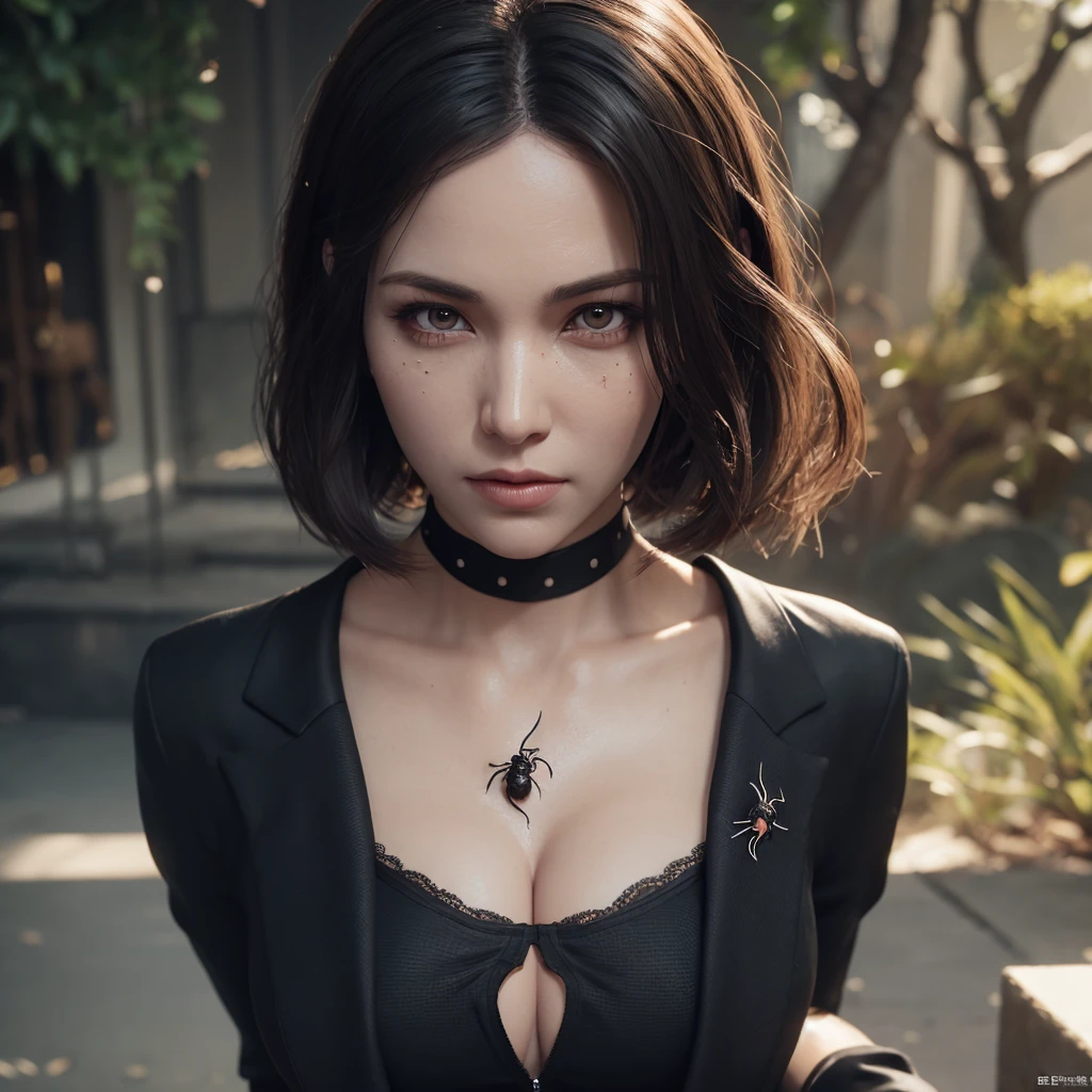 Gwen is wearing a black suit with a white spider in the center of her chest., Organic looking clothes, Sticky forehead, Symbiote, White eyes, Fine art, PS5 Cinematic Screenshots,Highly detailed cinematic rendering, Ultra-Photorealistic Latticing, Cinematic lighting、Being creampied