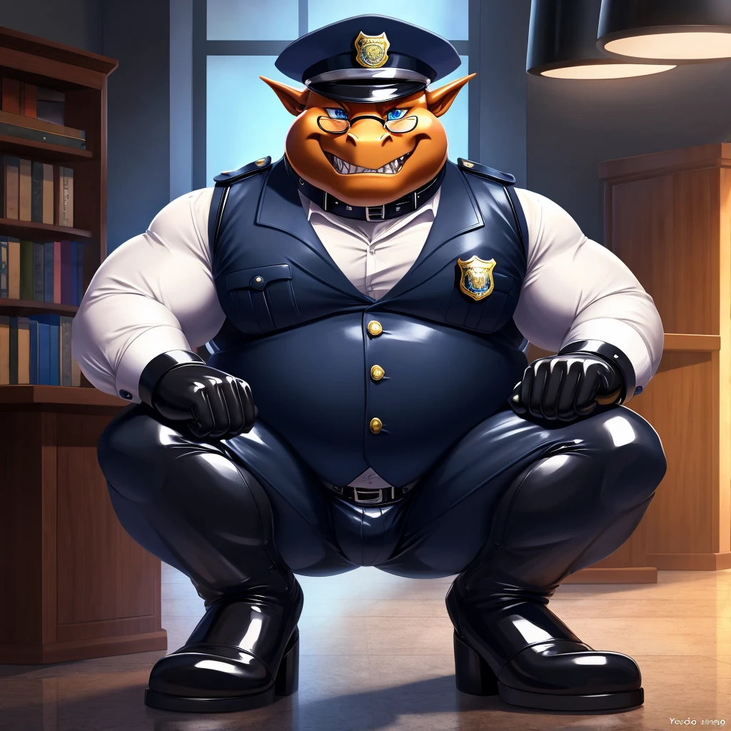 Solo, Male, fat, squatting, extremely obese, gentleman, dapper Dragon blue eyes, (soft shading), 4k, hi res, ((detailed face, detailed)), looking at viewer, evil grin, police station, collared shirt with buttons, hat, male focus, Police Uniform, glasses, monocle, vest with buttons, sleeves rolled up, round eyewear, headwear, vest, Dragon is wearing a glossy leather dog collar around the neck, Dragon is wearing the leather collar and shirt and vest at the same time, Dragon is wearing glossy white rubber gloves on the hands, wearing white rubber gloves on the feet, Dragon is wearing glossy white cuffs around the wrists with cufflinks, gloves are rubber in texture, clenching teeth, clenching fists, leather collar is glossy and shiny with a lot of detail, Dragon is wearing gloves and cuffs and cufflinks at the same time, leather collar has a round dog-tag, leather collar is thick and detailed.