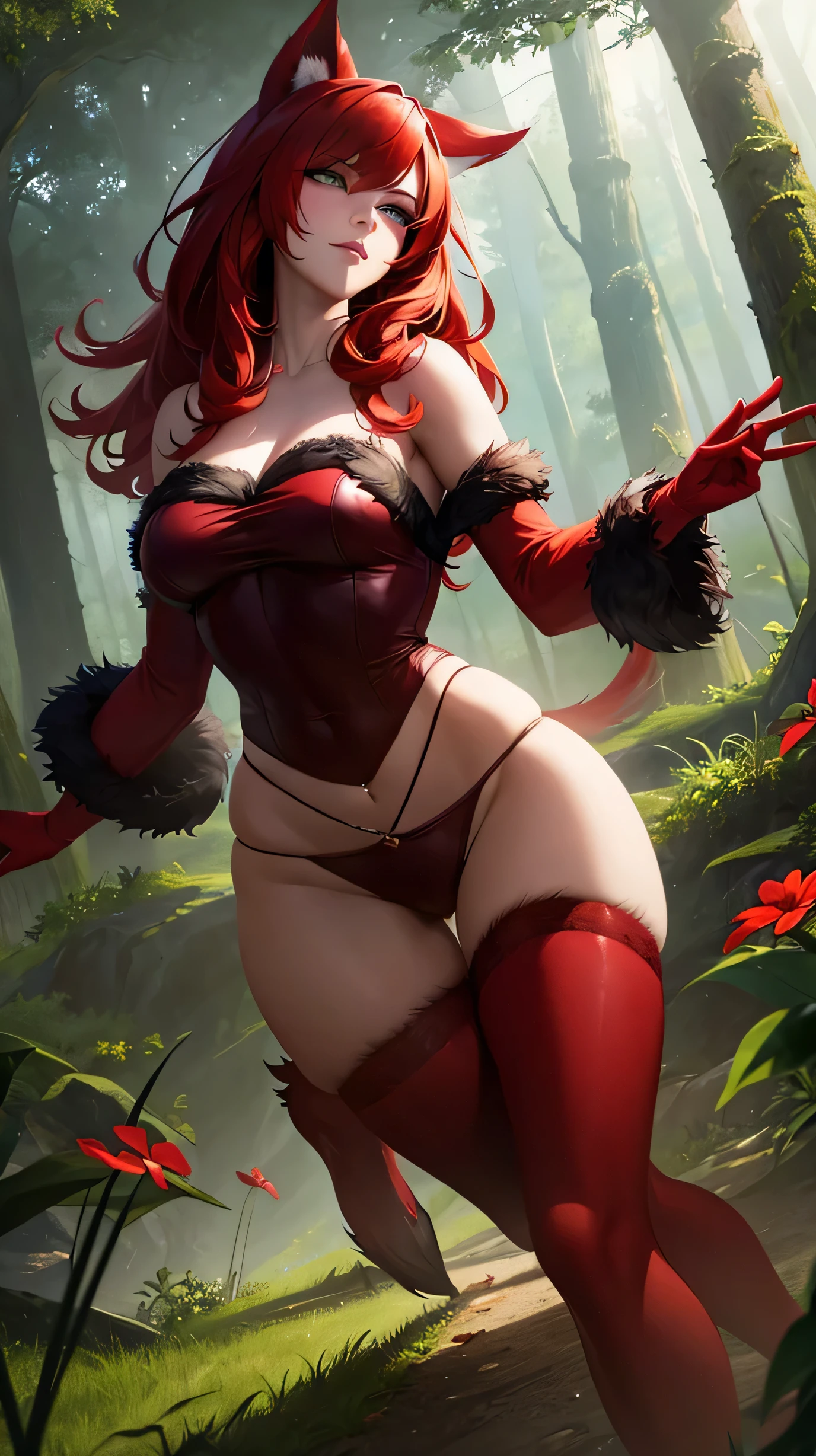 araffe with red hair and a furry tail in the woods, a digital painting by Daarken, cgsociety contest winner, furry art, very very beautiful furry art, dramatic cinematic detailed fur, furry fantasy art, loish and wlop, anthro art, furry wolf, pov furry art, furry art!!!, kemono, 🌺 cgsociety