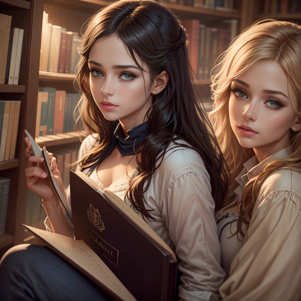 arafed girl reading a book in a library with bookshelves, reading in the library, inspirado em magali villeneuve, realistic painting of beautiful girl, style of charlie bowater, in style of charlie bowater, no art style by bowater, reading a book, in a library, magali villeneuve', library background, book portrait, reading new book