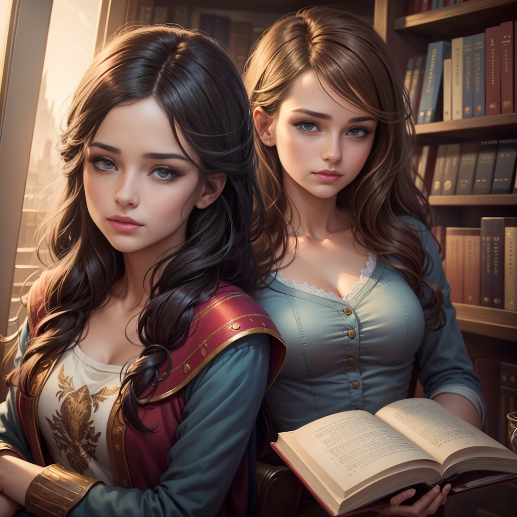 arafed girl reading a book in a library with bookshelves, reading in the library, inspirado em magali villeneuve, realistic painting of beautiful girl, style of charlie bowater, in style of charlie bowater, no art style by bowater, reading a book, in a library, magali villeneuve', library background, book portrait, reading new book