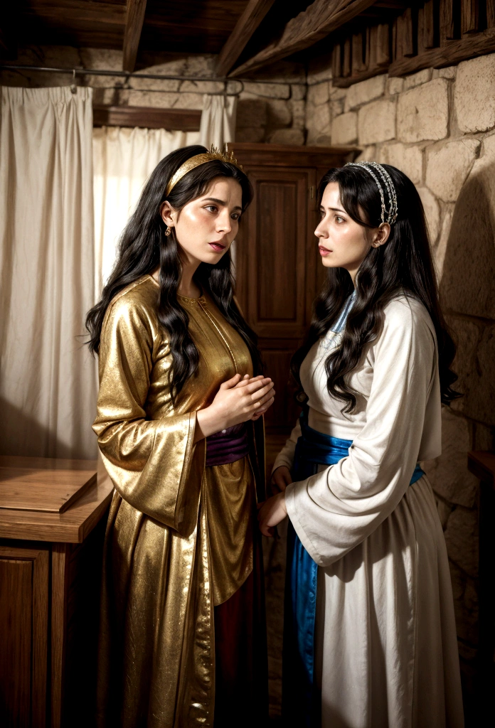two Israeli women talking in a house, with costumes from the time of Jesus.