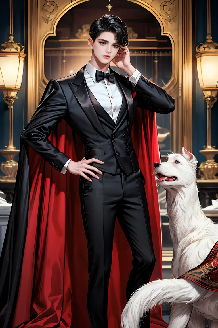 masterpiece, 最high quality, high quality, 1 boy, alone, Male focus, Watching the audience, Messy black hair, Adorable big blue eyes, White people, Noble, Noble,Sexy voluminous black and red cape、Tuxedo、A very voluminous, large, very large, very large, long, long red and black cape with a high stand-up collar, made of a lot of fabric that reaches down to the floor., ,Cute beautiful boys,Cute, cute, kind, handsome guy