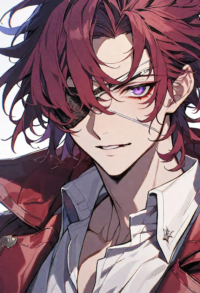 Solo, 1 male, dark red hair, purple eye, eye patch, white shirt, red coat