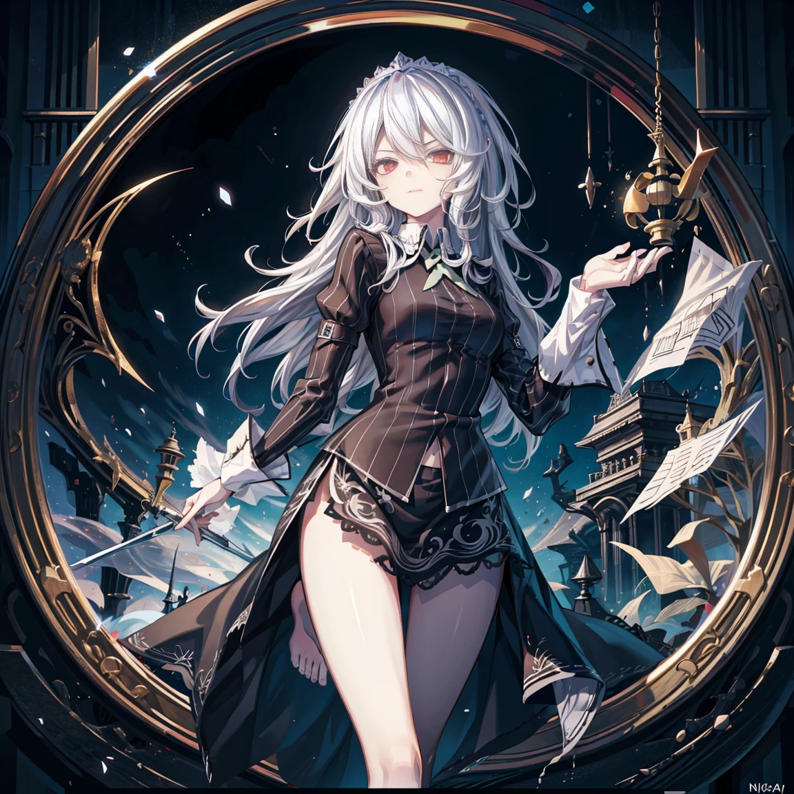 Female rider，International chess，Chess and cards，atmosphere，Looking up，Wearing a crown，Dressed in a fancy costume，Long hair，think，Chess player a girl，Solitary，masterpiece，Best quality，White hair，White hair，White hair，Red Eyes，nigrescence，dark，Skyscraper，Cartoon shadow，douchebag，sneer，Overlooking，Black Shadow，Viscous black liquid，Dark，Black Belly，stable，barefoot