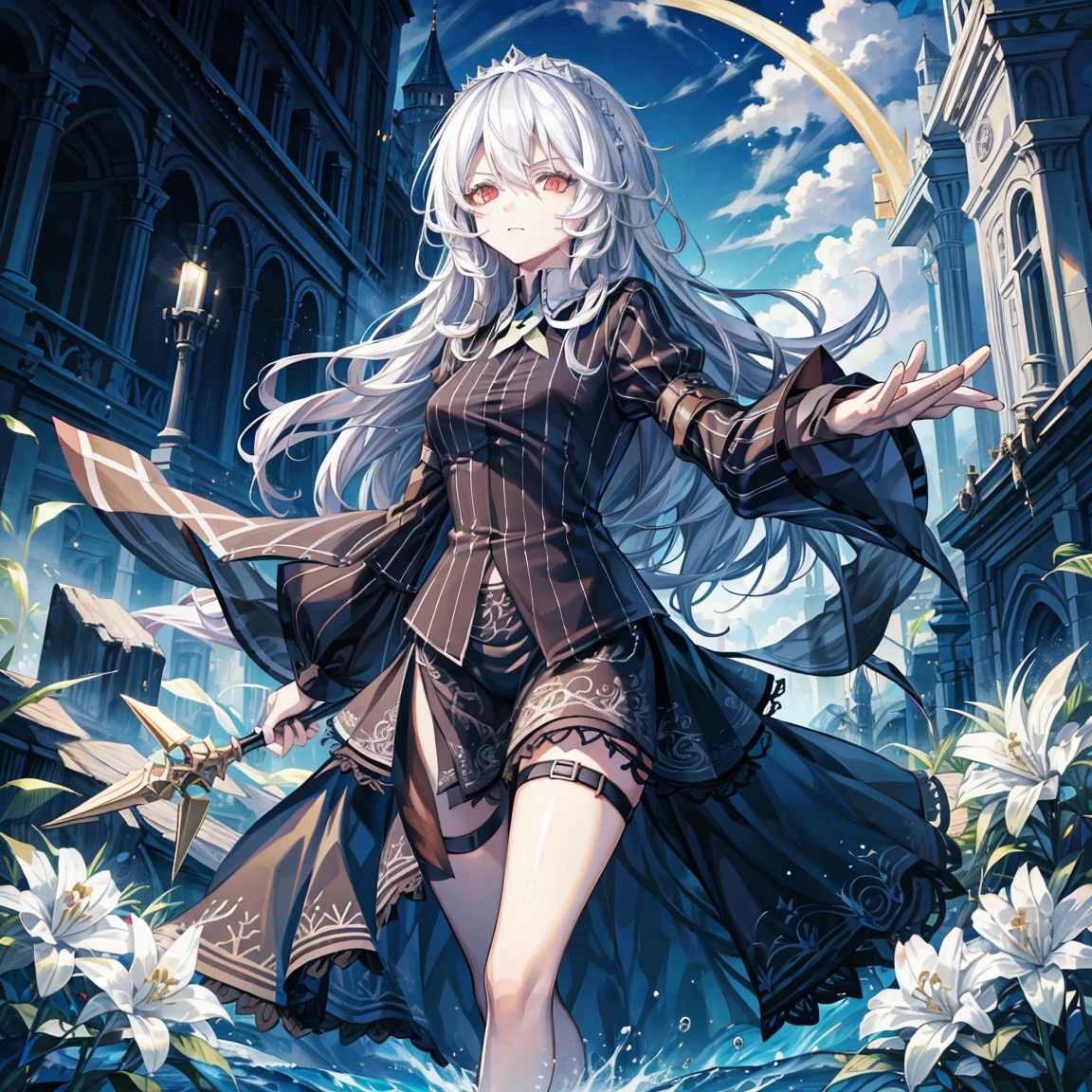 Female rider，International chess，Chess and cards，atmosphere，Looking up，Wearing a crown，Dressed in a fancy costume，Long hair，think，Chess player a girl，Solitary，masterpiece，Best quality，White hair，White hair，White hair，Red Eyes，nigrescence，dark，Skyscraper，Cartoon shadow，douchebag，sneer，Overlooking，Black Shadow，Viscous black liquid，Dark，Black Belly，stable，barefoot