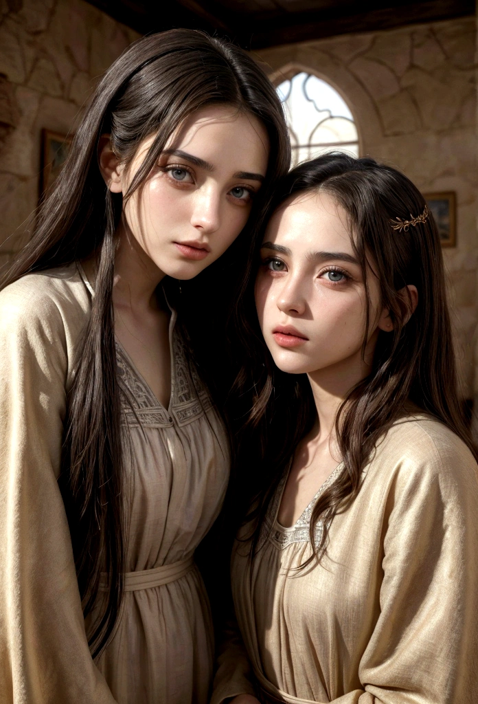 two israeli women conversing in a house, with clothes from the time of jesus,detailed portrait,beautiful detailed eyes,beautiful detailed lips,extremely detailed eyes and face,longeyelashes,ornate interior,warm lighting,natural colors,cinematic composition,ambient occlusion,dramatic lighting,dramatic shadows,intricate details,photorealistic,highly detailed,masterpiece,8k,best quality