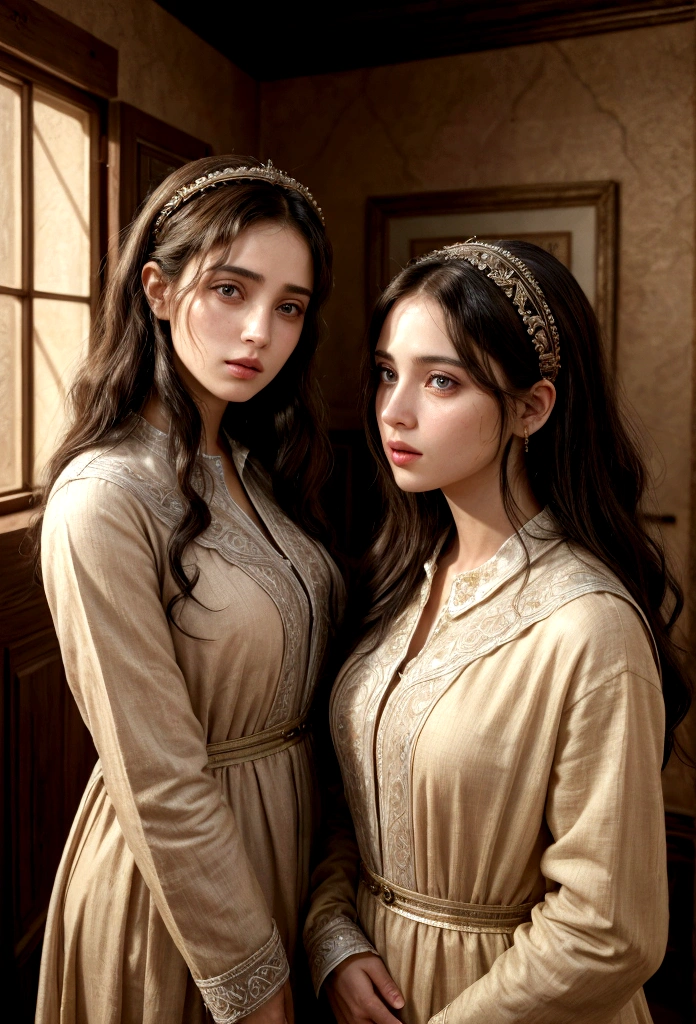 two israeli women conversing in a house, with clothes from the time of jesus,detailed portrait,beautiful detailed eyes,beautiful detailed lips,extremely detailed eyes and face,longeyelashes,ornate interior,warm lighting,natural colors,cinematic composition,ambient occlusion,dramatic lighting,dramatic shadows,intricate details,photorealistic,highly detailed,masterpiece,8k,best quality