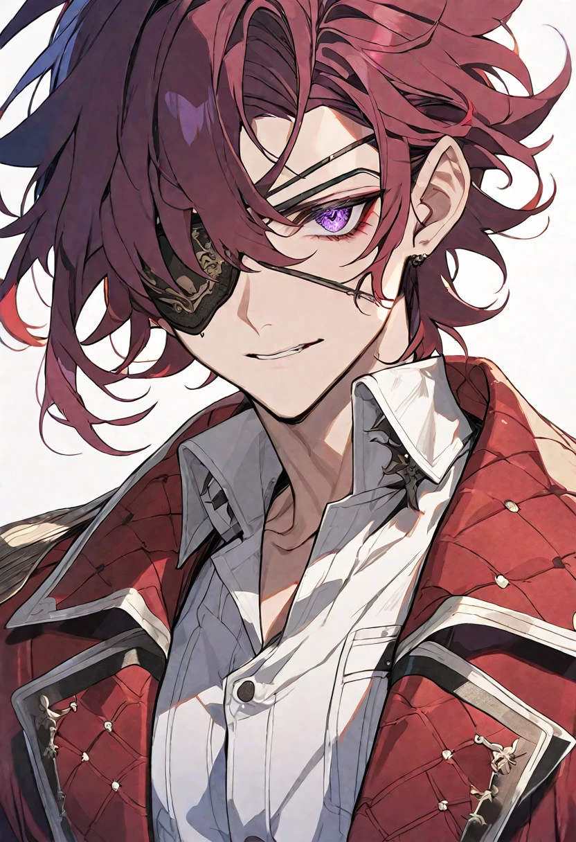 Solo, 1 male, dark red hair, purple eye, eye patch, white shirt, red coat