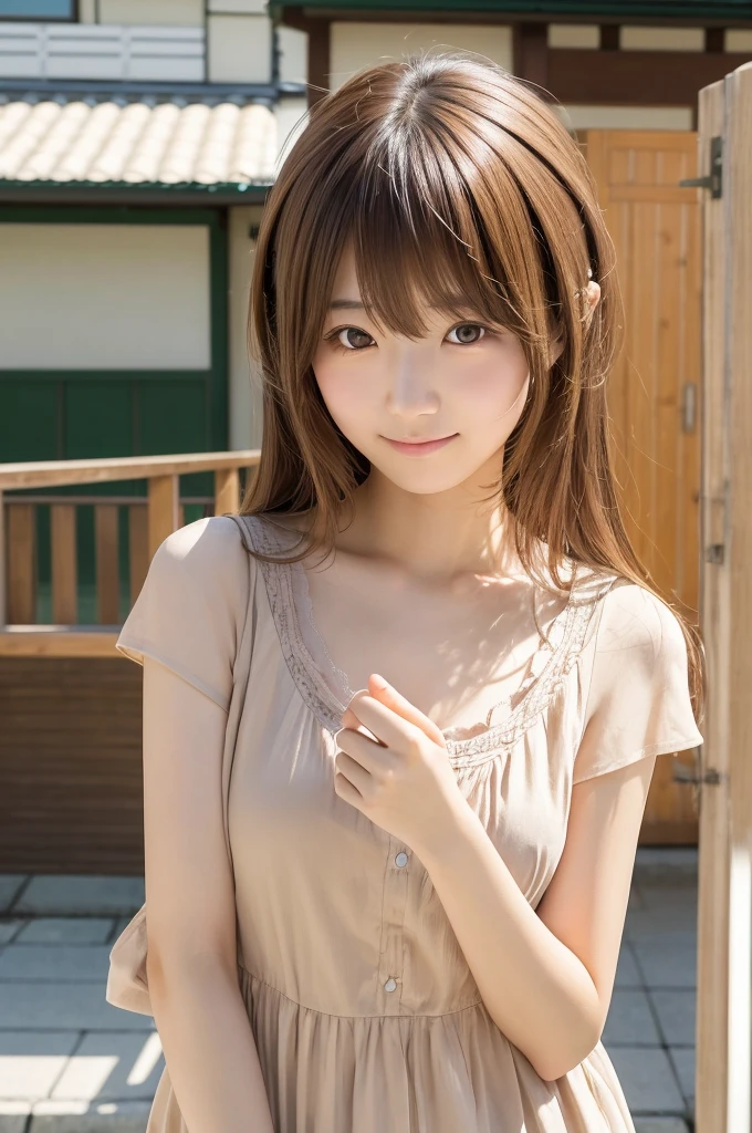 A Japanese girl around 27 years old, having just been relieved from the climax of a shogi game, poses with a gesture of relief. She has light brown, semi-long summer-styled hair. The image is high-resolution, poster-like anime art, with a refreshing background, perfect for a 'Good Morning' greeting.