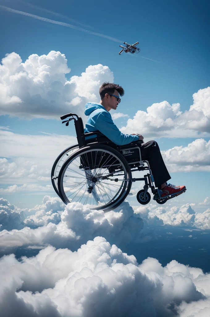 Man in wheelchairs flying among the clouds ((8 k quality, High definition image, realisitic, 真实感, ultra detaild, hyper details, bright look))