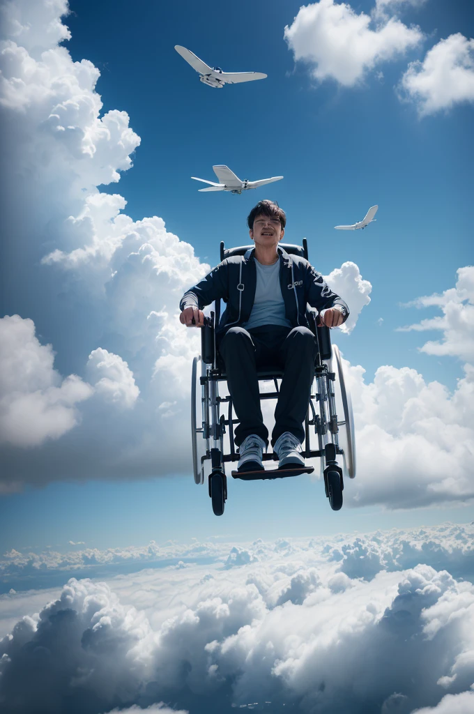 Man in wheelchairs flying among the clouds ((8 k quality, High definition image, realisitic, 真实感, ultra detaild, hyper details, bright look))