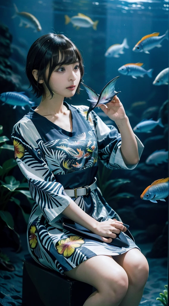 (((30-year-old woman)))、((aquarium))、masterpiece, One beautiful girl, (((very_short_hair))), Eye details, Swollen eyes, Best image quality, 超High resolution, (Realistic: 1.4), Original photo, One Girl, Cinema Lighting, Japanese, very beautif, Beautiful skins, (超Realistic), (High resolution), (8k yen), (Very detailed), (Best illustrations), (Beautiful and detailed eyes), (Ultra-detailed), Detailed face, Looking at the camera, Look straight ahead, Dress neatly, shorth hair、A dark-haired、46ポイントの斜め前hair、((aquarium))、Plenty of fish、(((tropical fish)))