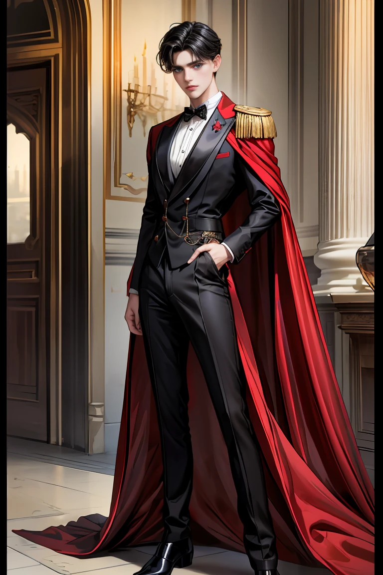masterpiece, 最high quality, high quality, 1 boy, alone, Male focus, Watching the audience, Messy black hair, Adorable big blue eyes, White people, Noble, Noble,Sexy voluminous black and red cape、Tuxedo、A very voluminous, large, very large, very large, long, long red and black cape with a high stand-up collar, made of a lot of fabric that reaches down to the floor., ,Cute beautiful boys,Cute, cute, kind, handsome guy