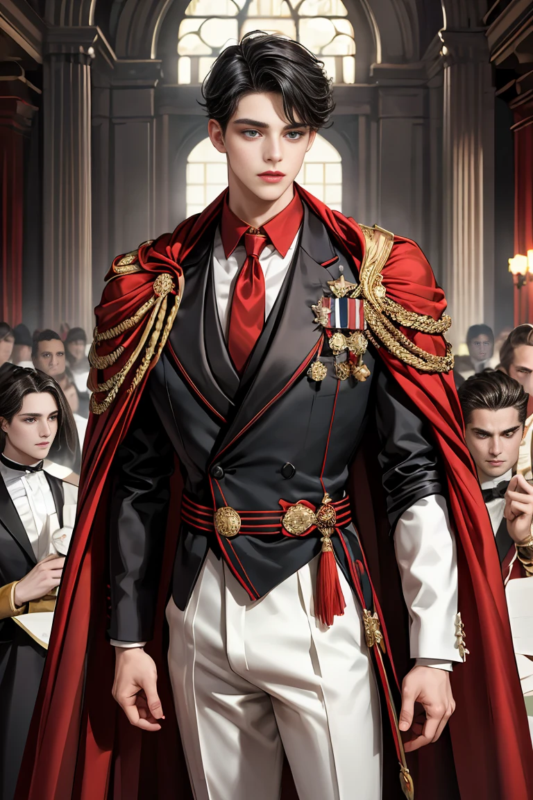 
masterpiece, 最high quality, high quality, 1 boy, alone, Male focus, Watching the audience,  Messy black hair, Adorable big blue eyes, White people, Noble, Noble,Sexy voluminous black and red cape、Tuxedo、A very voluminous, large, very large, very large, long, long red and black cape with a high stand-up collar, made of a lot of fabric that reaches down to the floor., ,Cute beautiful boys,Cute, cute, kind, handsome guy