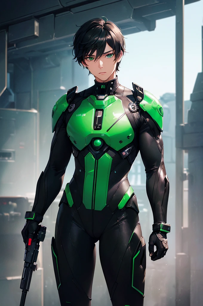 (masterpiece; best quality: 1.2), (finely detailed eyes: 1.3), ((25 year old man)), ((solo)), (green eyes: 1.4), (body; lean, fit, masculine: 1.3), (short black hair: 1.3), (beautiful and clear background: 1.2), ((depth of field)), (equipment: black mech pilot bodysuit + black gloves + futuristic pistol: 1.3), (anime illustration: 1.2), (background composition; white mech hangar: 1.1), (extremely fine and handsome: 1.1), (shot composition; standing + centered on torso + close-up: 1.5), (expression; calm, stoic: 1.2)