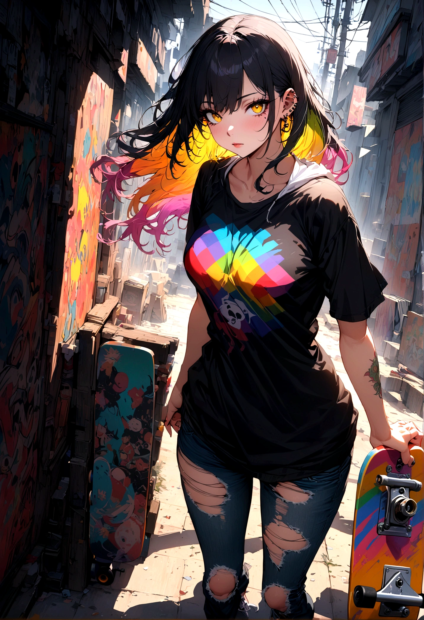 The most beautiful and sexy skateboard girl, rainbow colored hair, yellow eyes, wearing hoodie, graphic t-shirt, torn skinny jeans and highly detailed skateboard gear, tons of tattoos and piercings, highly detailed background, perfect masterpiece, high quality, high resolution