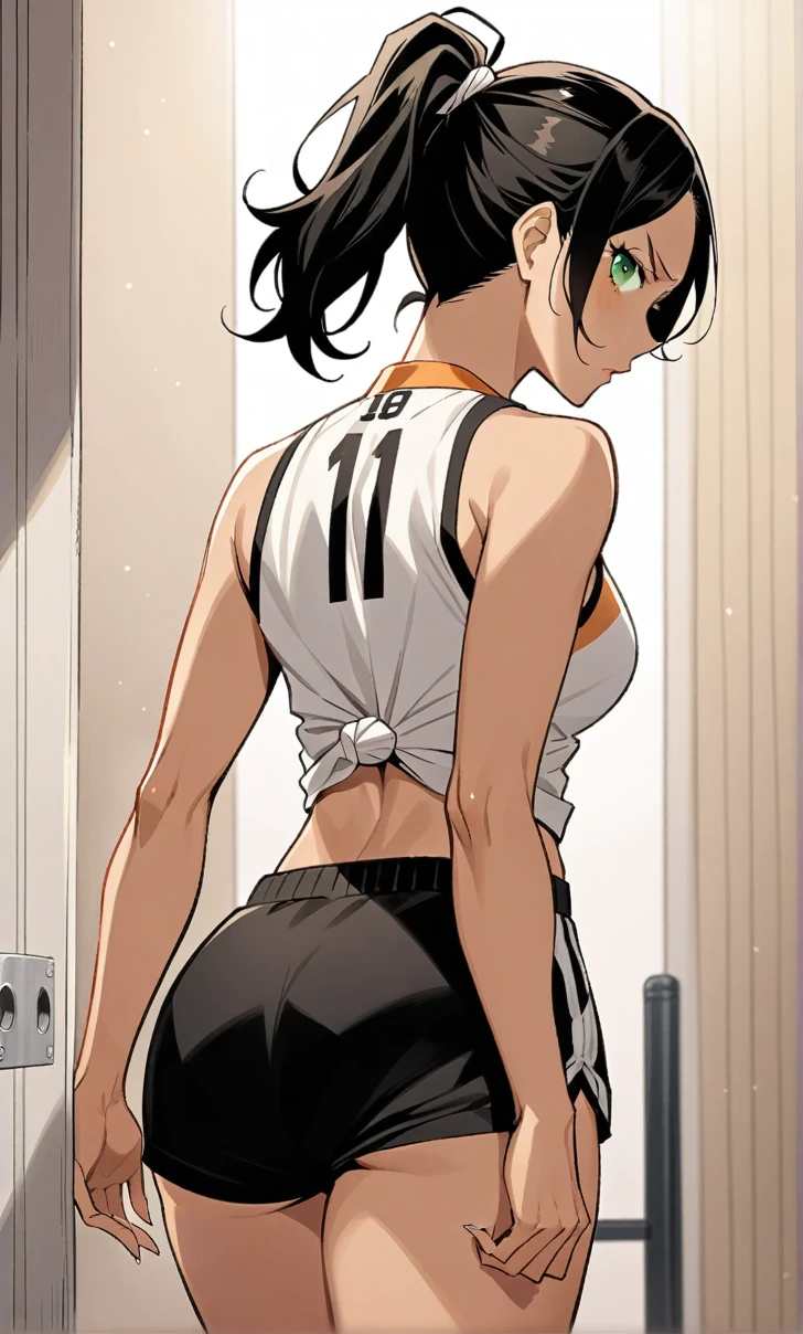 Woman, Athletic and toned body, light skin tone, long black hair tied in a ponytail, green eyes with a penetrating and seductive look, breasts big, exciting look, Beachwear, blushed face, haikyuu, comic style, [single image], In the background there is a volleyball court at night