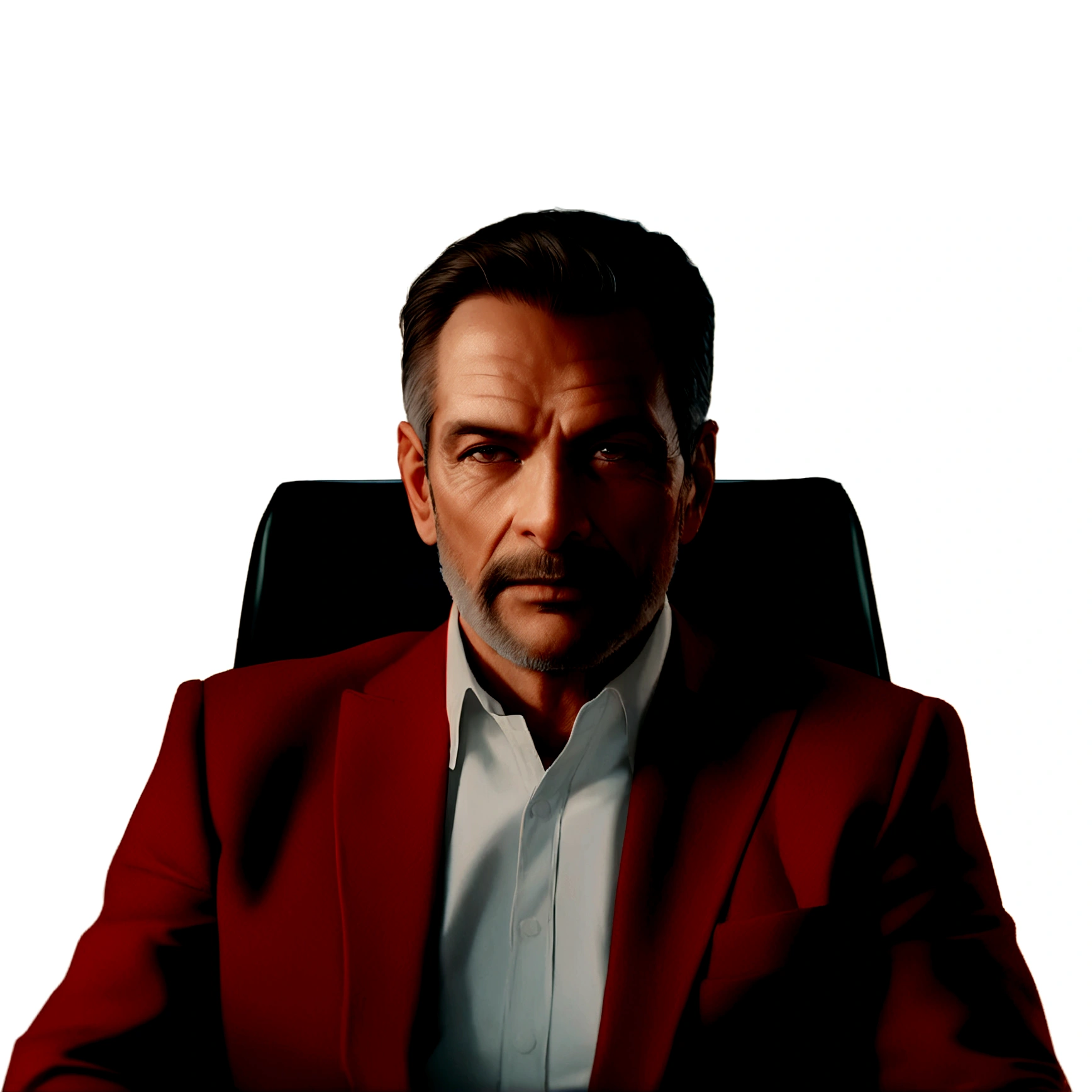 there is a man in a red suit sitting in a chair, doctor House, senor. House, promotional portrait, promo image, official photo, serious business, red suit, greg rutkowski uhd 8k, promo image, solid track record, QG, jeff goldblum, rafael albuquerque, promo image, Portrait photo, promotional artwork, promotion still, still in color, A realistic portrait of a handsome and charming 50 year old man, front view, straight body, face front view, looking forward, looking at the camera, looking into the camera lens, sitting in an office chair with a backrest head, on a nertro background, white background, red shirt, captured in ambient light, highly detailed, 8k resolution, cinematic lighting, Realism, photoRealism, hyperRealism, professional photography, uhd.