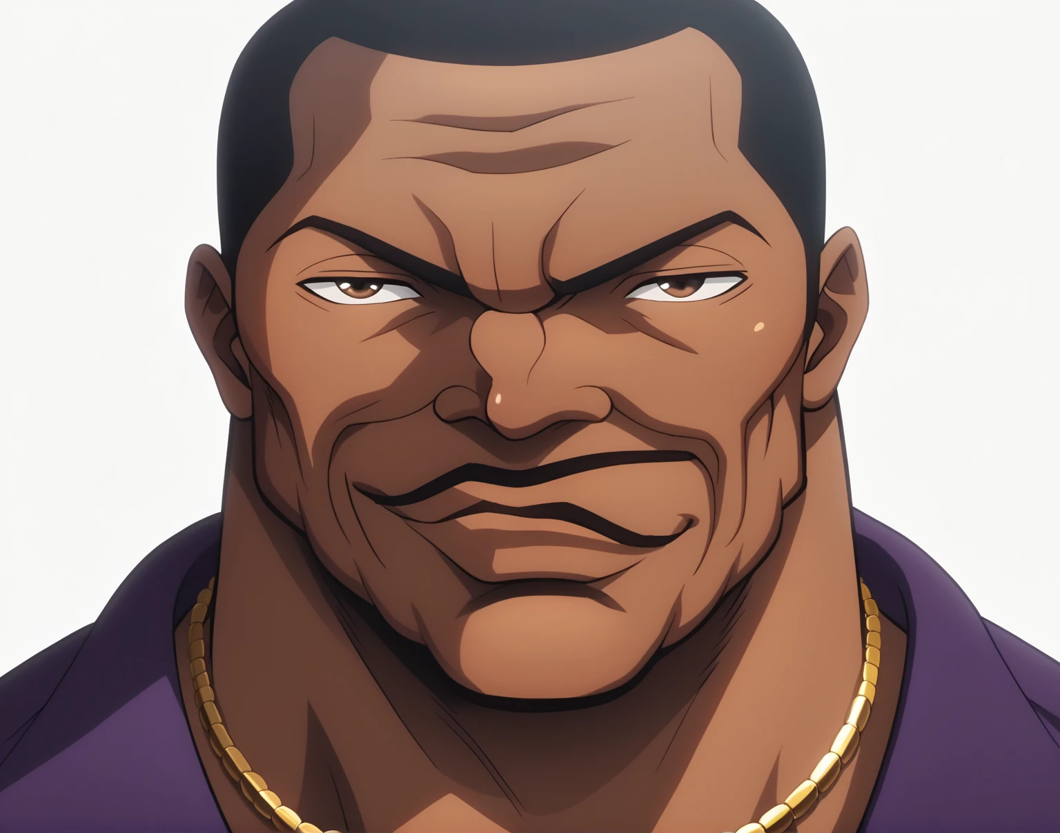 score_9, score_8_up, score_7_up, olivabiscuit, 1boy, solo, purple shirt, necklaces, ring, bracelets, gold, brown eyes, male focus, cocky smirk, looking at viewer, short hair, black hair, dark skin, facial hair, dark-skinned male, muscular male, bara, bald, manly, veins, meme, hand, points his temple, dynamic lighting, glare, extremely detailed, portrait, white background