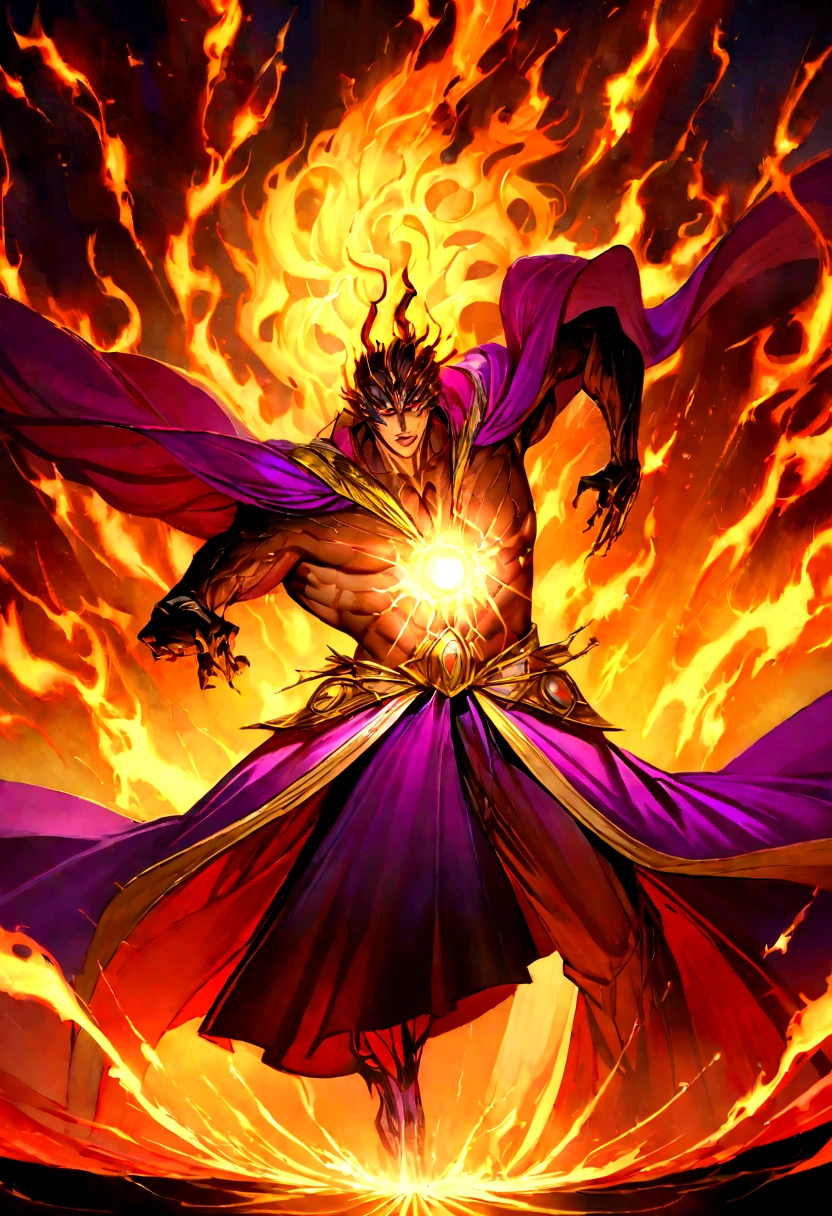 Tanjiro Kamado's dynamic pose, rendered in vibrant, atmospheric digital art, captures the intense moment as he unleashes his demonic power in a whirlwind of motion, his eyes aglow with a fierce inner light, his limbs and torso blurred in a dynamic swirl of energy, set against a backdrop of fiery oranges and yellows, with hints of darker, moodier blues and purples, evoking a sense of frenetic action and heroic determination, as if the very fabric of reality is bending to his will.