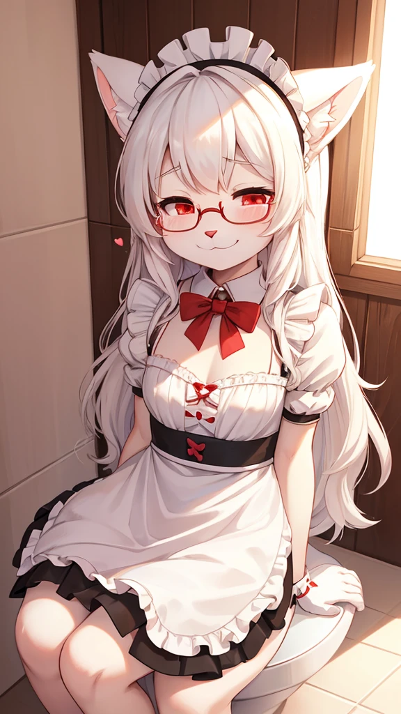 best quality,Optimal resolution,(Fluffy anthropomorphic furry :1.6),(young :1.6),White Rabbit Girl,Small Breasts,White hair,Long hair,curls,curls,White rabbit ears,White rabbit tail,White fur,Red Eyes,Bright Eyes,Shining eyes,Glasses,bow,maid outfit,Maid headdress,Maid gloves,Beautiful cafe toilet,White light,Rinse thoroughly,s face,Smile,Heart shaped eyes,Heart shaped eyes,Horny eyes,Close your eyes,Heavy breathing,Sitting on the toilet，Toilet seat