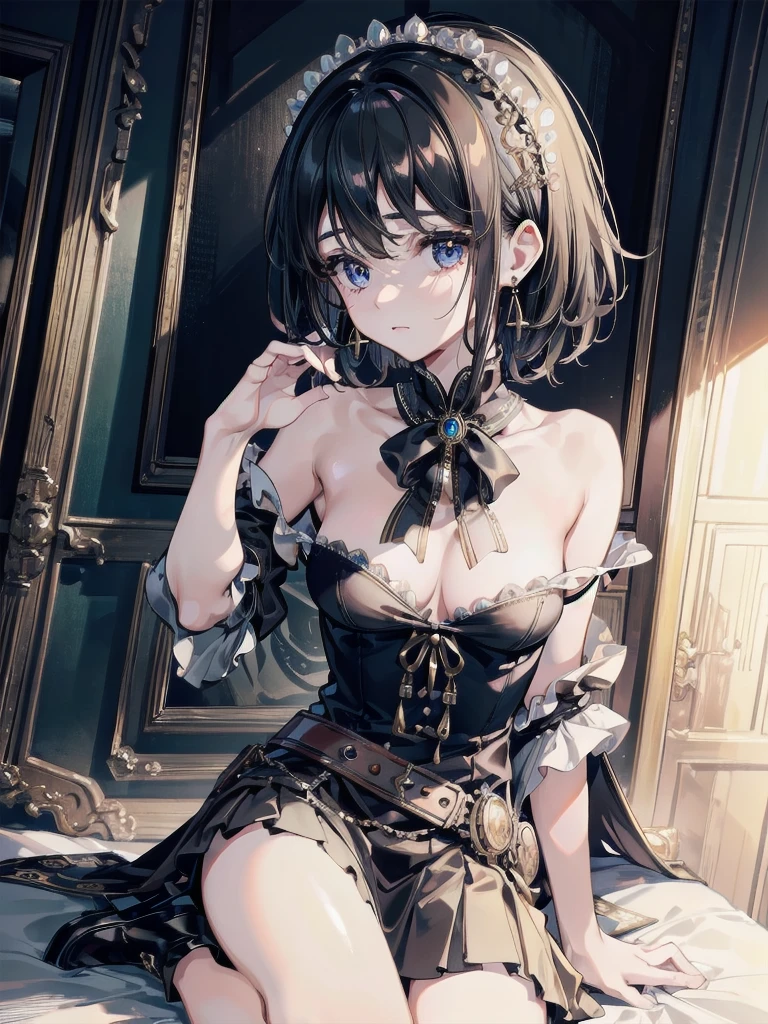 absurdres, RAW photo, extremely delicate and beautiful, masterpiece, Best Quality, ultra high resolution, 32k, hyperrealistic, ultra-detailed, delicate facial features, beautiful detailed woman, tearful mole, earring, medium breasts, full body shot, medium hair, black hair, steampunk fashion, blouse, short skirt, bare shoulder,