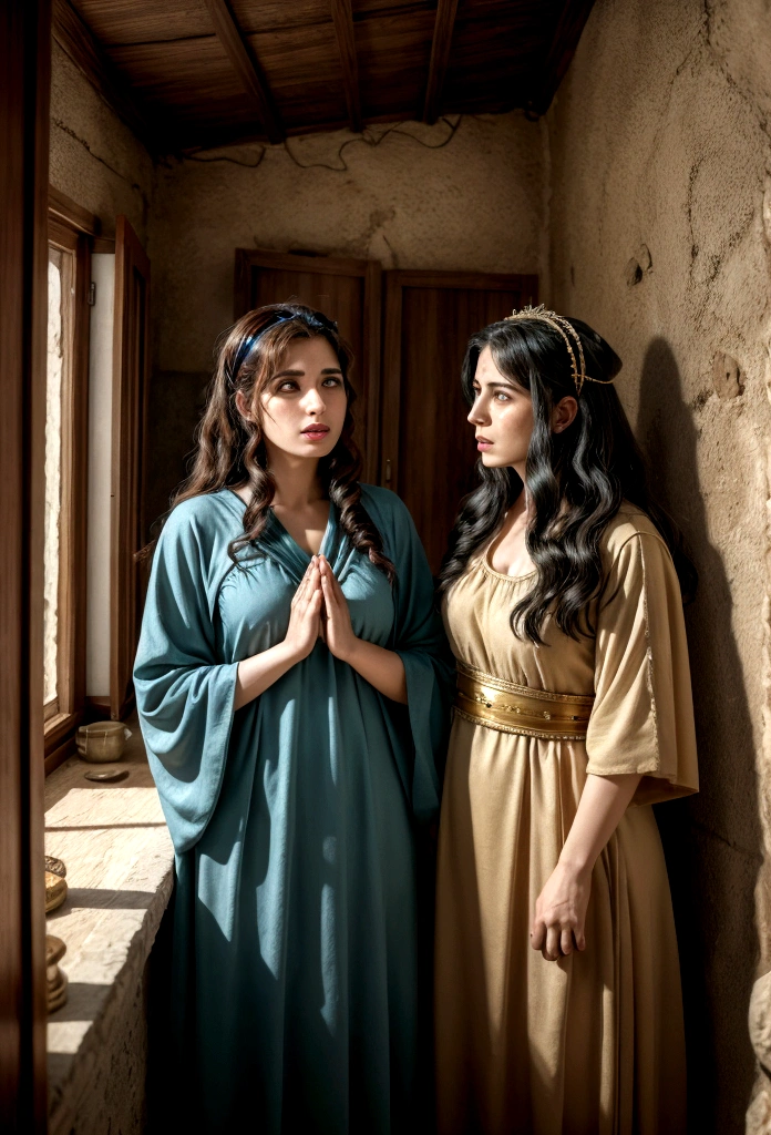 two Israeli women talking in a house, with costumes from the time of Jesus.