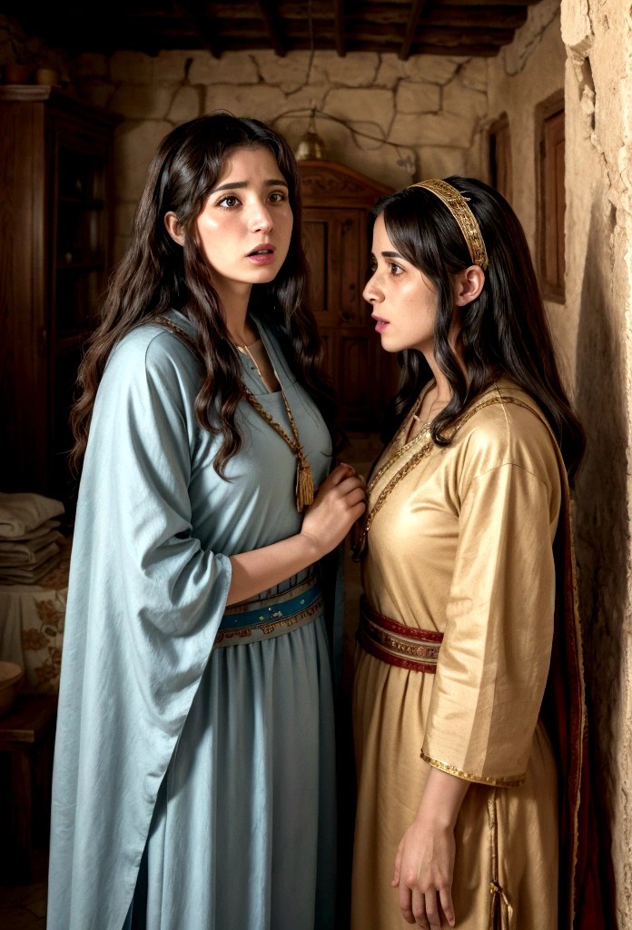 two Israeli women talking in a house, with costumes from the time of Jesus.